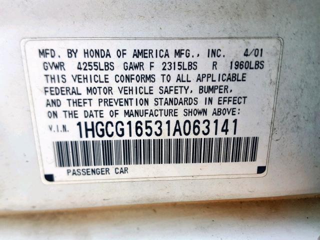 1HGCG16531A063141 - 2001 HONDA ACCORD EX WHITE photo 10