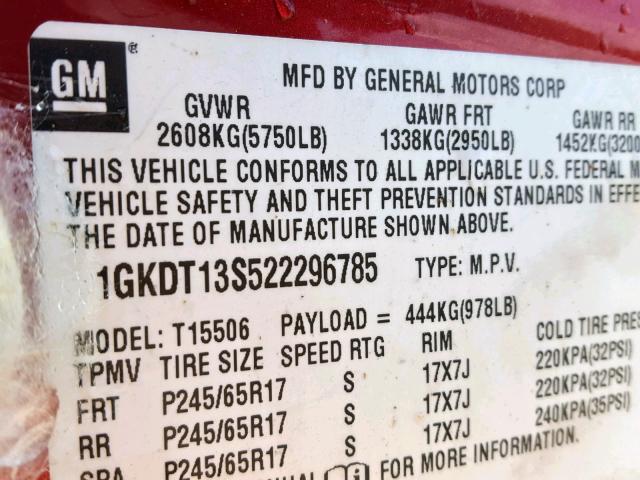 1GKDT13S522296785 - 2002 GMC ENVOY RED photo 10