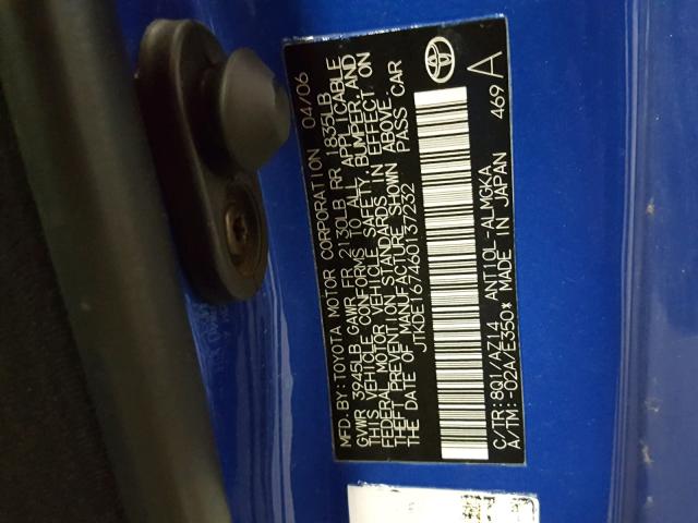 JTKDE167460137232 - 2006 TOYOTA SCION TC 蓝色 照片 10