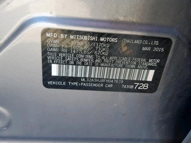 ML32A3HJ8FH047679 - 2015 MITSUBISHI MIRAGE DE GRAY photo 10