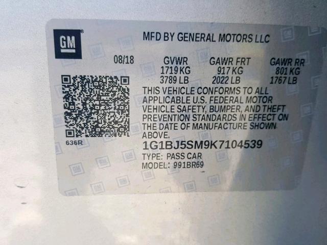 1G1BJ5SM9K7104539 - 2019 CHEVROLET CRUZE SILVER photo 10