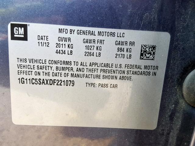 1G11C5SAXDF221079 - 2013 CHEVROLET MALIBU 1LT 蓝色 照片 10