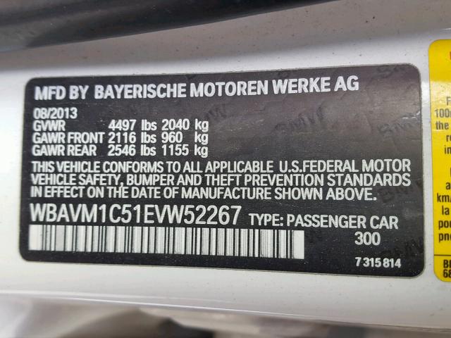 WBAVM1C51EVW52267 - 2014 BMW X1 SDRIVE2 WHITE photo 10
