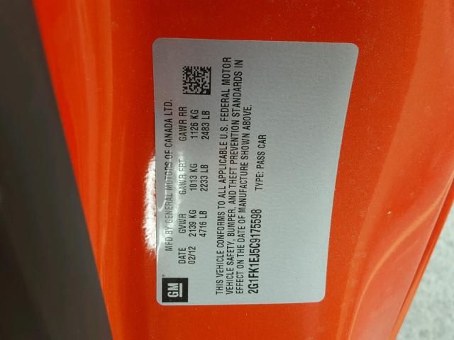 2G1FK1EJ5C9175598 - 2012 CHEVROLET CAMARO 2SS ORANGE photo 10