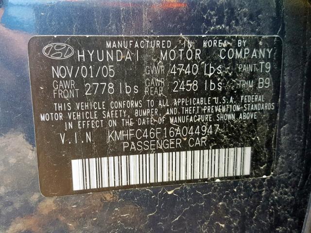 KMHFC46F16A044947 - 2006 HYUNDAI AZERA SE BLUE photo 10