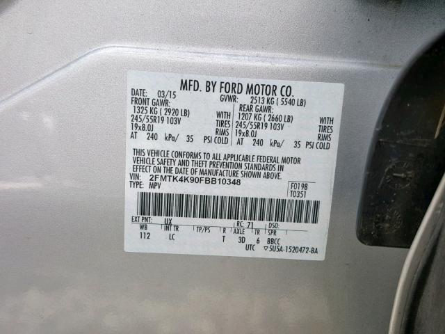 2FMTK4K90FBB10348 - 2015 FORD EDGE TITAN SILVER photo 10