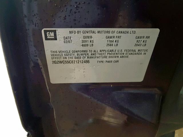 2G2WC55C871212486 - 2007 PONTIAC GRAND PRIX PURPLE photo 10