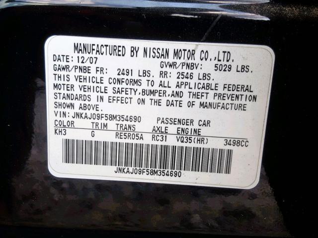 JNKAJ09F58M354690 - 2008 INFINITI EX35 BASE BLACK photo 10