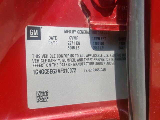 1G4GC5EG2AF310072 - 2010 BUICK LACROSSE C RED photo 10