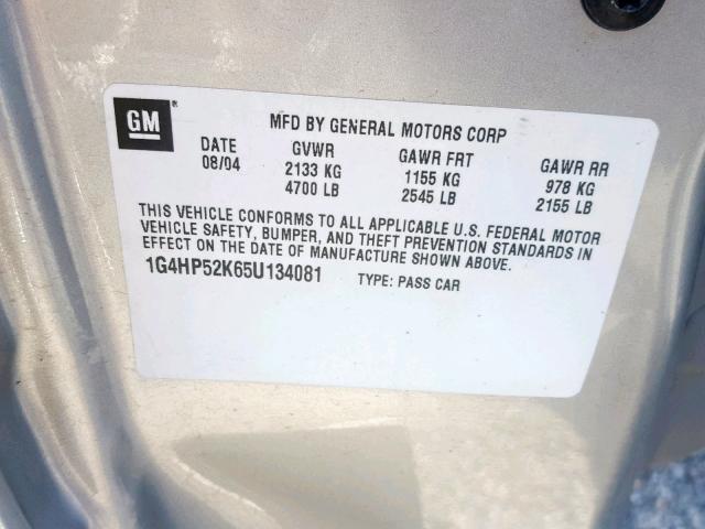 1G4HP52K65U134081 - 2005 BUICK LESABRE CU SILVER photo 10