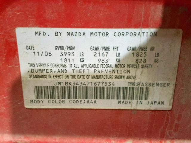 JM1BK343471677534 - 2007 MAZDA 3 HATCHBAC RED photo 10