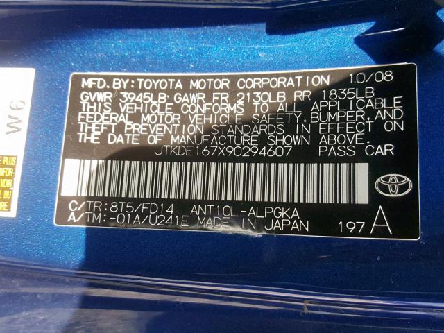 JTKDE167X90294607 - 2009 TOYOTA SCION TC BLUE photo 10