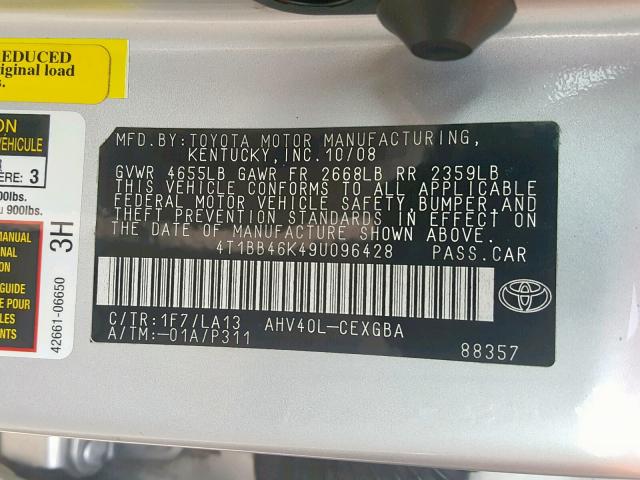 4T1BB46K49U096428 - 2009 TOYOTA CAMRY HYBR SILVER photo 10