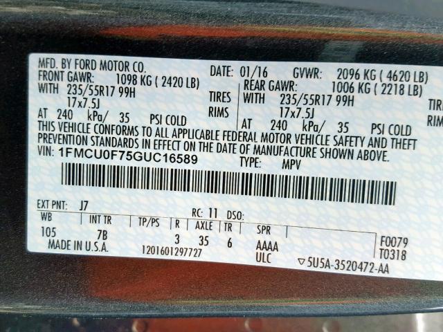 1FMCU0F75GUC16589 - 2016 FORD ESCAPE S GRAY photo 10