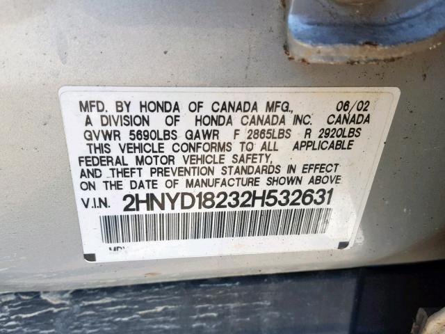 2HNYD18232H532631 - 2002 ACURA MDX SILVER photo 10