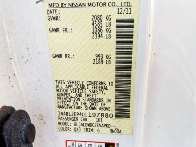 1N4BL2EP4CC197880 - 2012 NISSAN ALTIMA SR WHITE photo 10