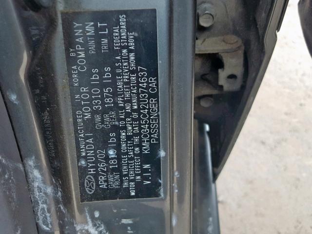 KMHCG45C42U374637 - 2002 HYUNDAI ACCENT GL GRAY photo 10