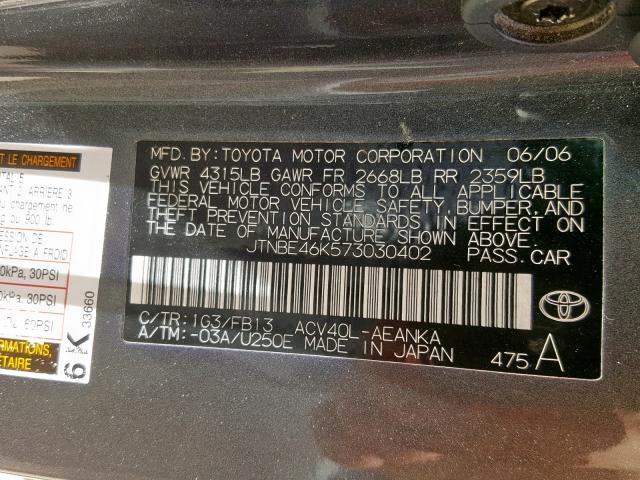 JTNBE46K573030402 - 2007 TOYOTA CAMRY NEW GRAY photo 10