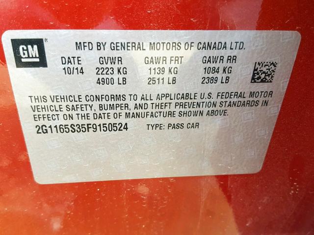 2G1165S35F9150524 - 2015 CHEVROLET IMPALA LTZ RED photo 10