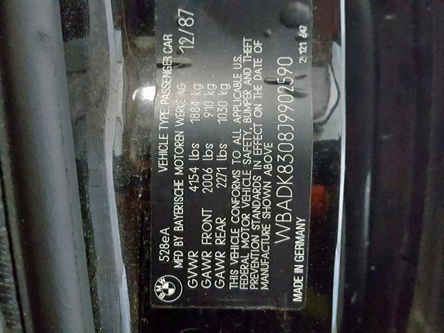 WBADK8308J9902590 - 1988 BMW 528 E AUTO BLACK photo 10