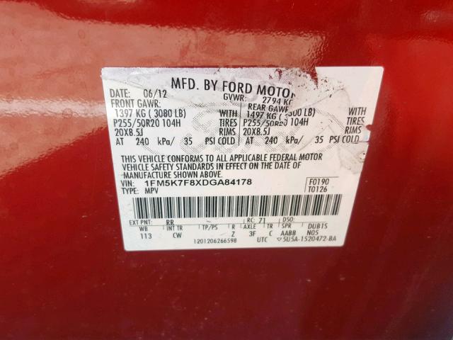 1FM5K7F8XDGA84178 - 2013 FORD EXPLORER L RED photo 10