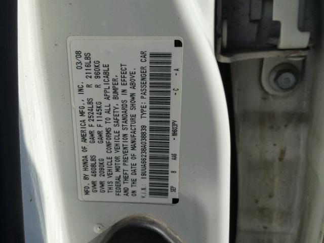 19UUA66238A038839 - 2008 ACURA TL WHITE photo 10