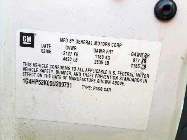 1G4HP52K05U209731 - 2005 BUICK LESABRE CU WHITE photo 10