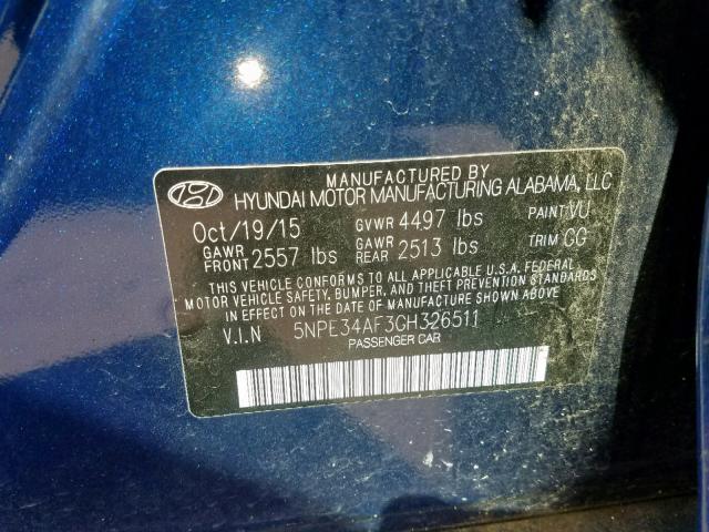 5NPE34AF3GH326511 - 2016 HYUNDAI SONATA SPO BLUE photo 10