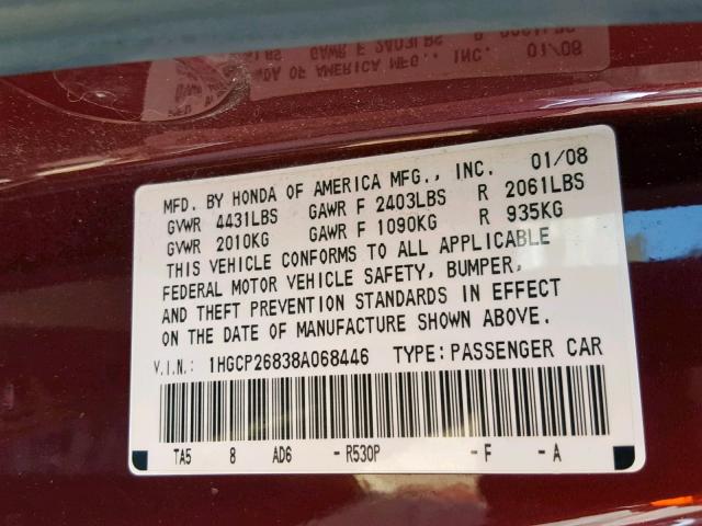 1HGCP26838A068446 - 2008 HONDA ACCORD EXL BURGUNDY photo 10