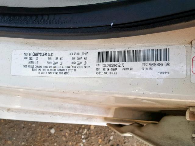 1C3LC46K98N158179 - 2008 CHRYSLER SEBRING LX WHITE photo 10