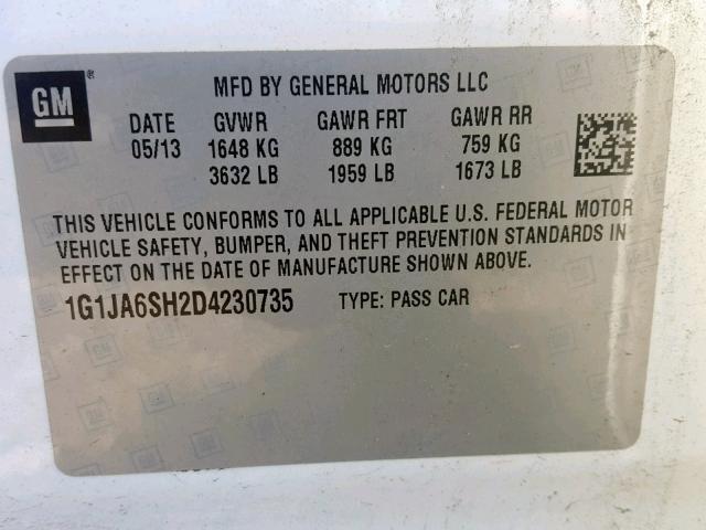 1G1JA6SH2D4230735 - 2013 CHEVROLET SONIC LS WHITE photo 10