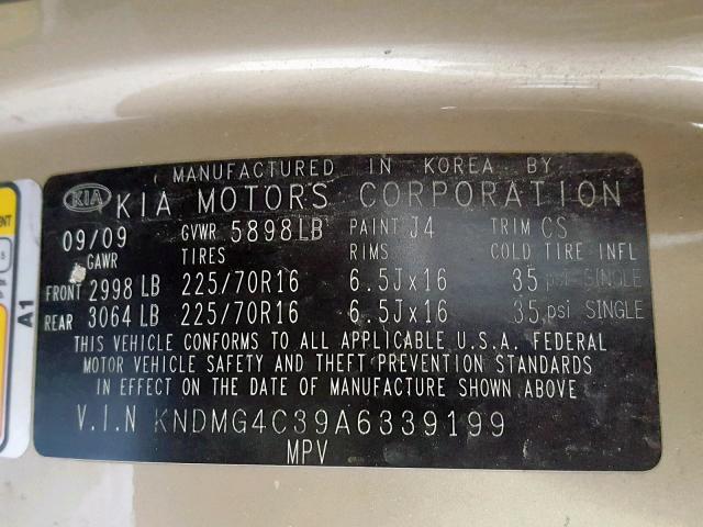 KNDMG4C39A6339199 - 2010 KIA SEDONA LX GOLD photo 10