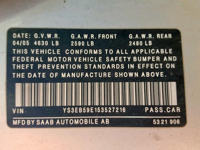 YS3EB59E153527216 - 2005 SAAB 9-5 LINEAR SILVER photo 10