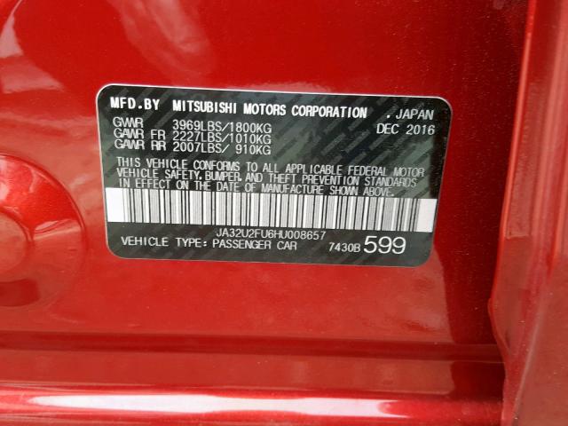 JA32U2FU6HU008657 - 2017 MITSUBISHI LANCER ES RED photo 10