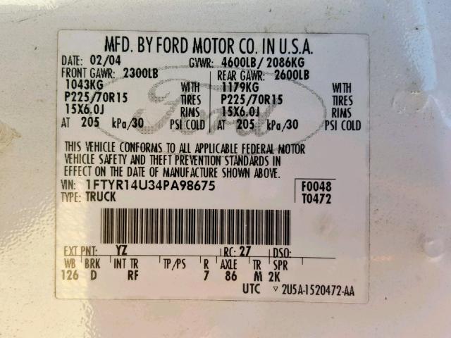 1FTYR14U34PA98675 - 2004 FORD RANGER SUP WHITE photo 10