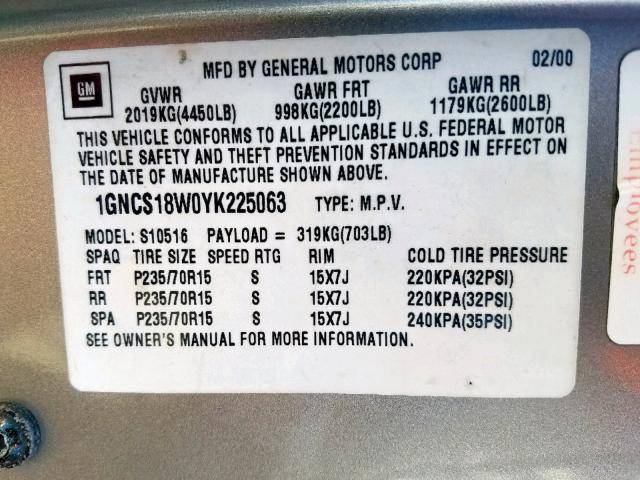 1GNCS18W0YK225063 - 2000 CHEVROLET BLAZER BEIGE photo 10