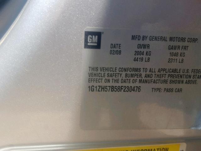 1G1ZH57B58F230476 - 2008 CHEVROLET MALIBU 1LT ვერცხლისფერი ფოტო 10