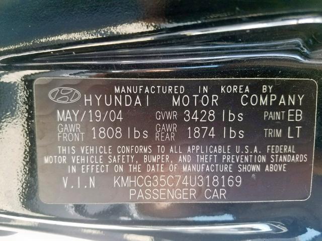 KMHCG35C74U318169 - 2004 HYUNDAI ACCENT GL BLACK photo 10