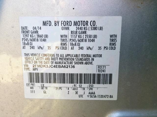 2FMDK3JC4EBA62136 - 2014 FORD EDGE SEL SILVER photo 10