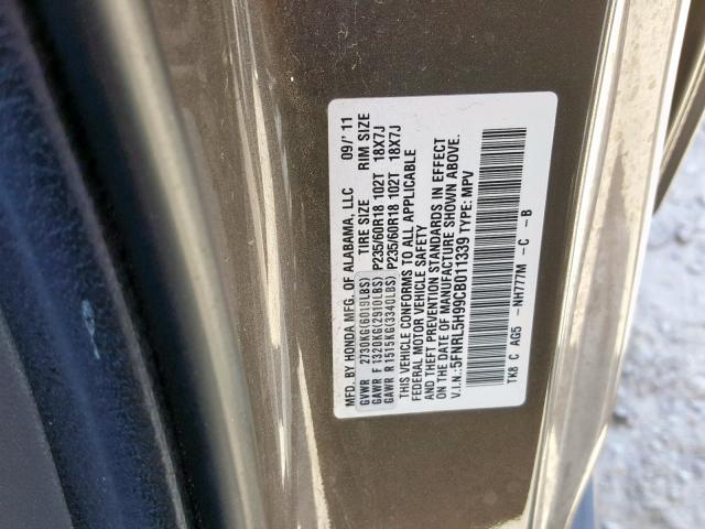 5FNRL5H99CB011339 - 2012 HONDA ODYSSEY TO GRAY photo 10