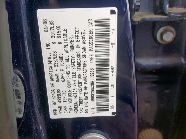 1HGCP26428A119268 - 2008 HONDA ACCORD LXP BLUE photo 10