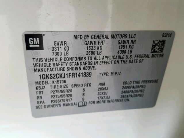 1GKS2CKJ1FR141839 - 2015 GMC YUKON DENA WHITE photo 10