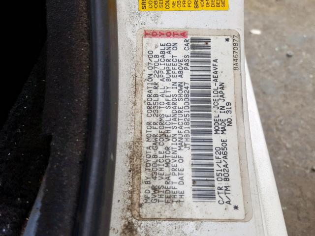 JTHBD182510008247 - 2001 LEXUS IS 300 WHITE photo 10