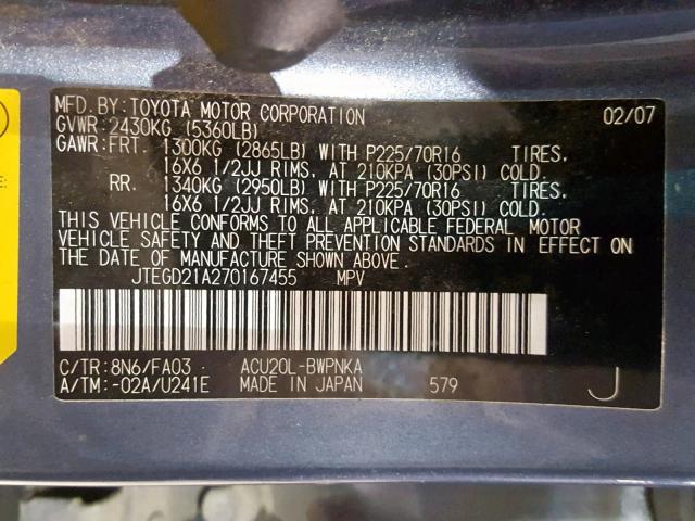 JTEGD21A270167455 - 2007 TOYOTA HIGHLANDER BLUE photo 10