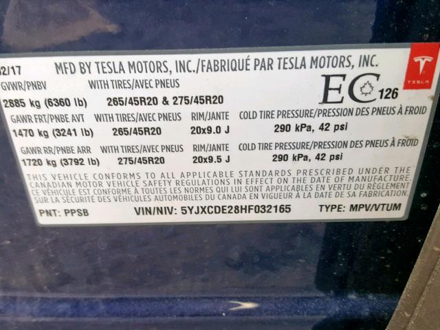 5YJXCDE28HF032165 - 2017 TESLA MODEL X BLUE photo 10