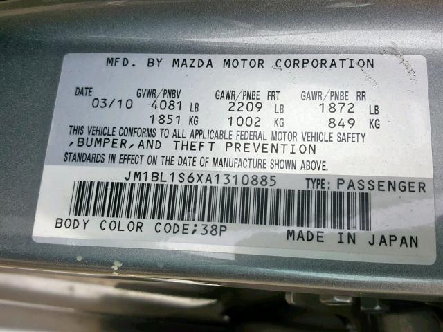 JM1BL1S6XA1310885 - 2010 MAZDA 3 S GRAY photo 10