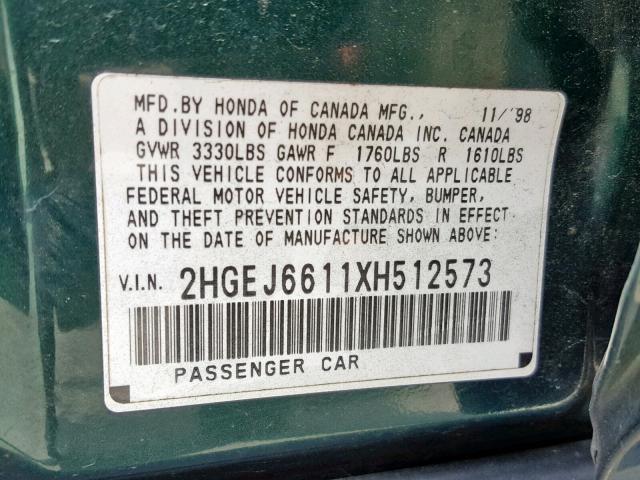 2HGEJ6611XH512573 - 1999 HONDA CIVIC BASE GREEN photo 10