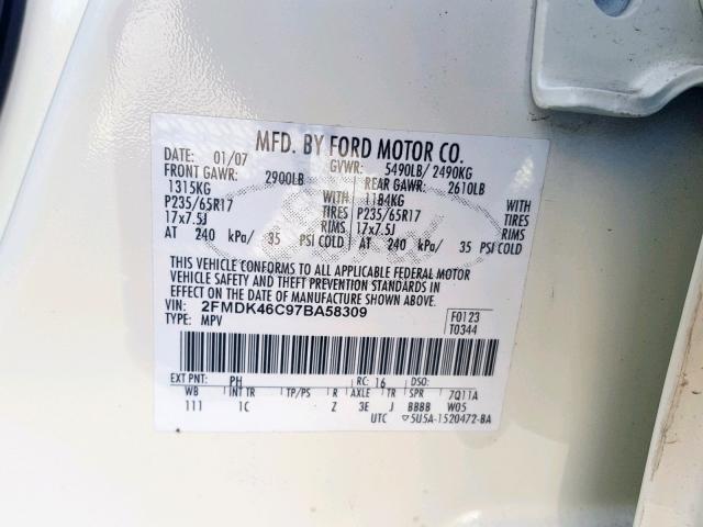 2FMDK46C97BA58309 - 2007 FORD EDGE SE WHITE photo 10