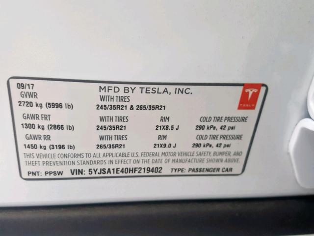 5YJSA1E40HF219402 - 2017 TESLA MODEL S WHITE photo 10