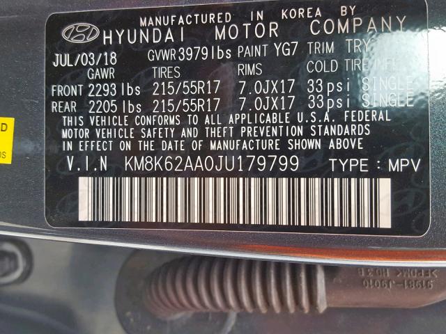 KM8K62AA0JU179799 - 2018 HYUNDAI KONA SEL GRAY photo 10